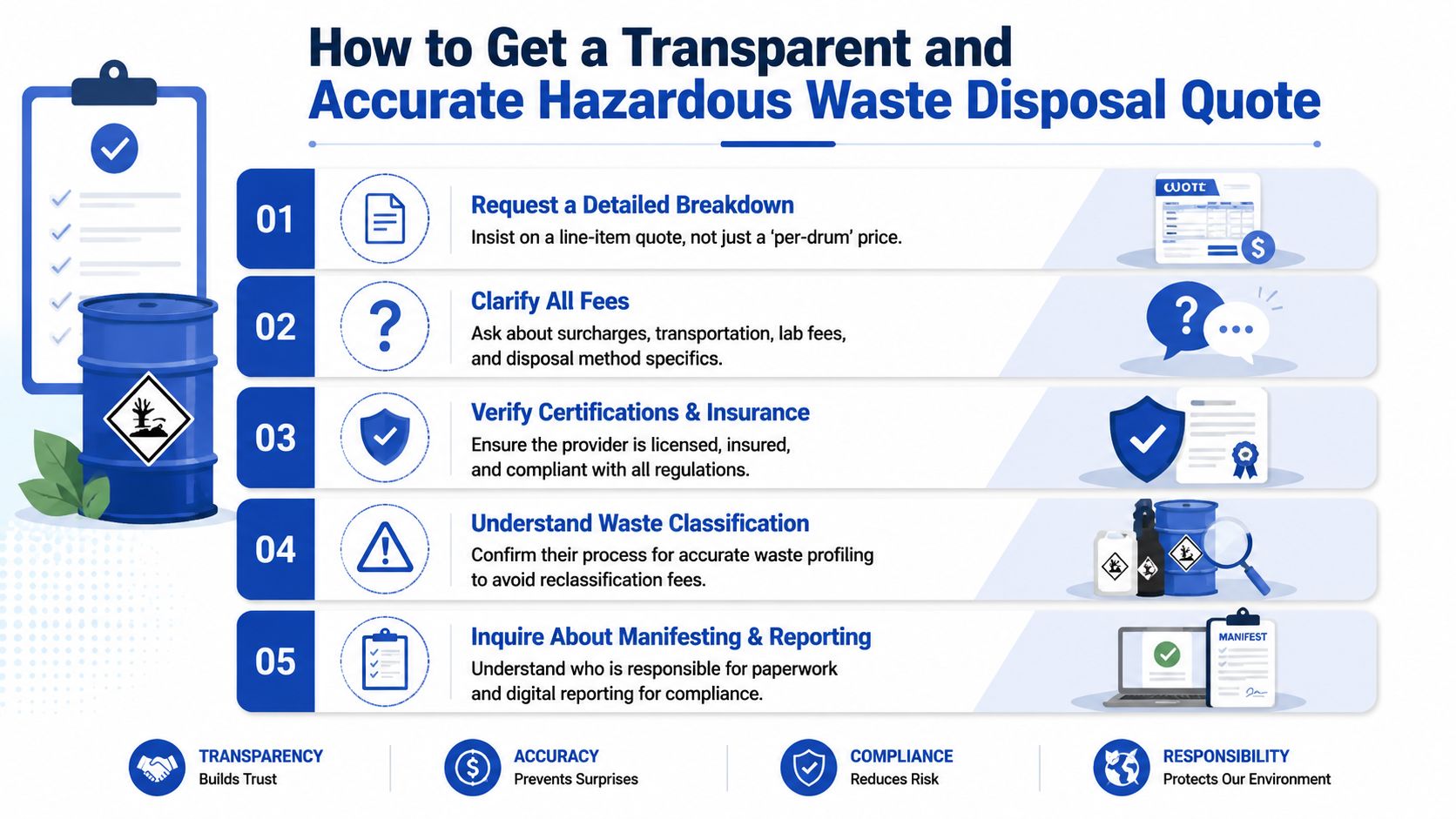 A five-step infographic guide explaining how to obtain a transparent and accurate hazardous waste disposal quote.