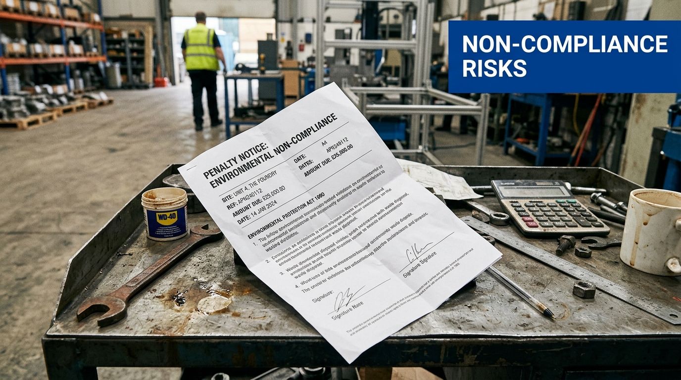 A printed environmental penalty notice on a cluttered workshop table representing industrial hazardous waste disposal costs.
