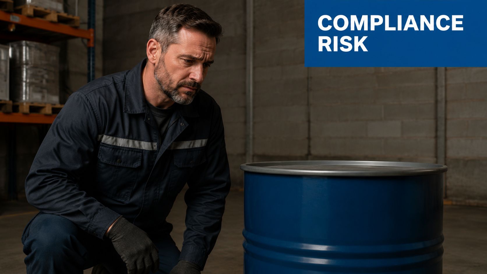 A warehouse worker in a blue uniform inspecting a hazardous waste barrel for compliance regulations.