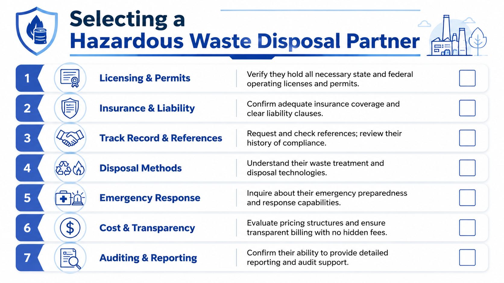 An infographic list of seven key criteria for businesses to consider when selecting a hazardous waste disposal partner.