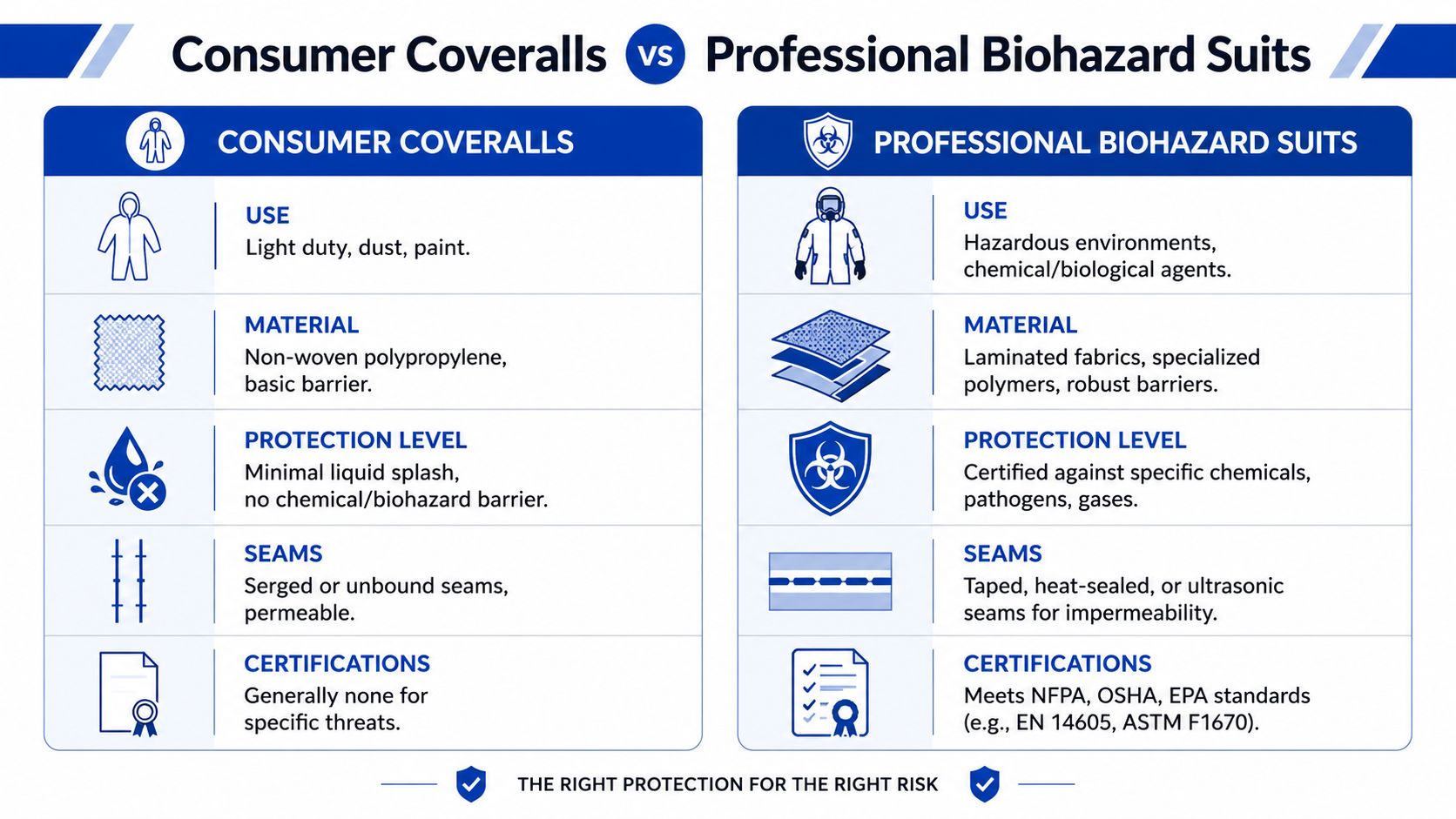 A comparison chart outlining the key differences between standard consumer coveralls and professional biohazard suits.