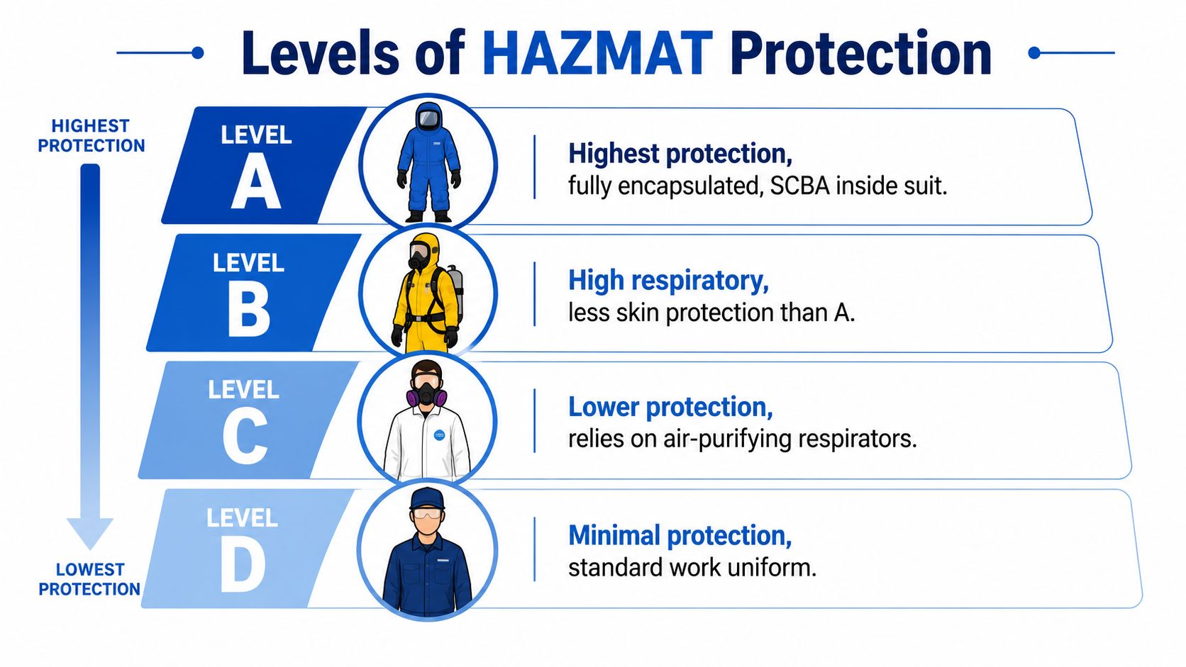 An infographic chart displaying four levels of hazmat protection from A to D with safety descriptions.