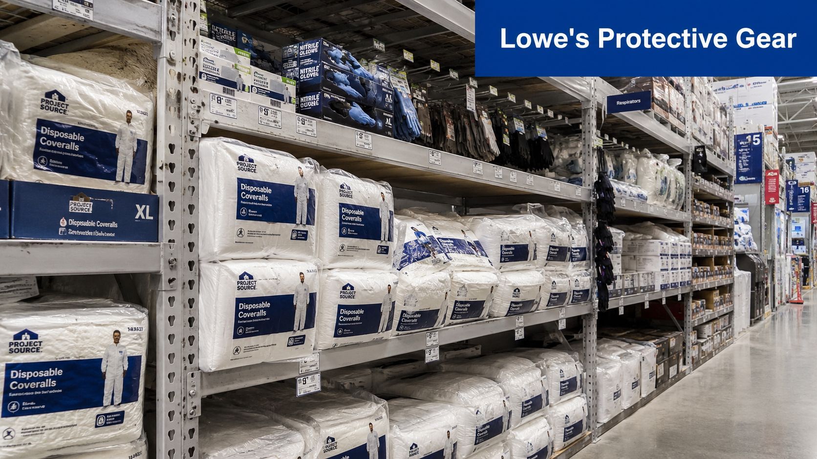 A store shelf at Lowe's stocked with numerous packages of Project Source white disposable protective hazmat coveralls.