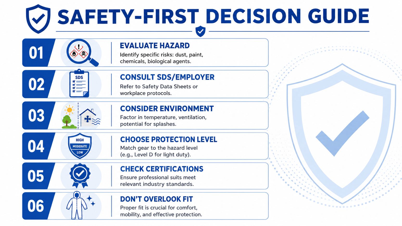 A safety-first decision guide infographic illustrating six essential steps for choosing protective work gear and equipment.