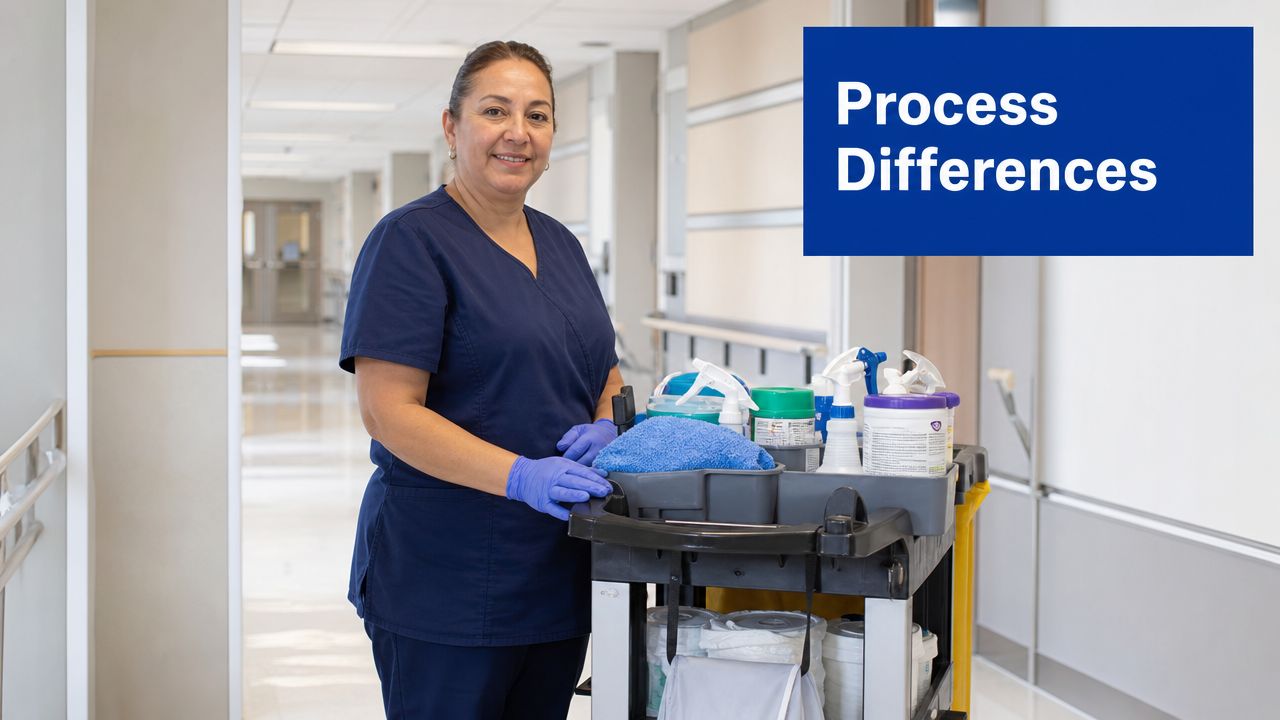 A female hospital staff member in scrubs standing in a clean corridor with a cart of cleaning supplies.