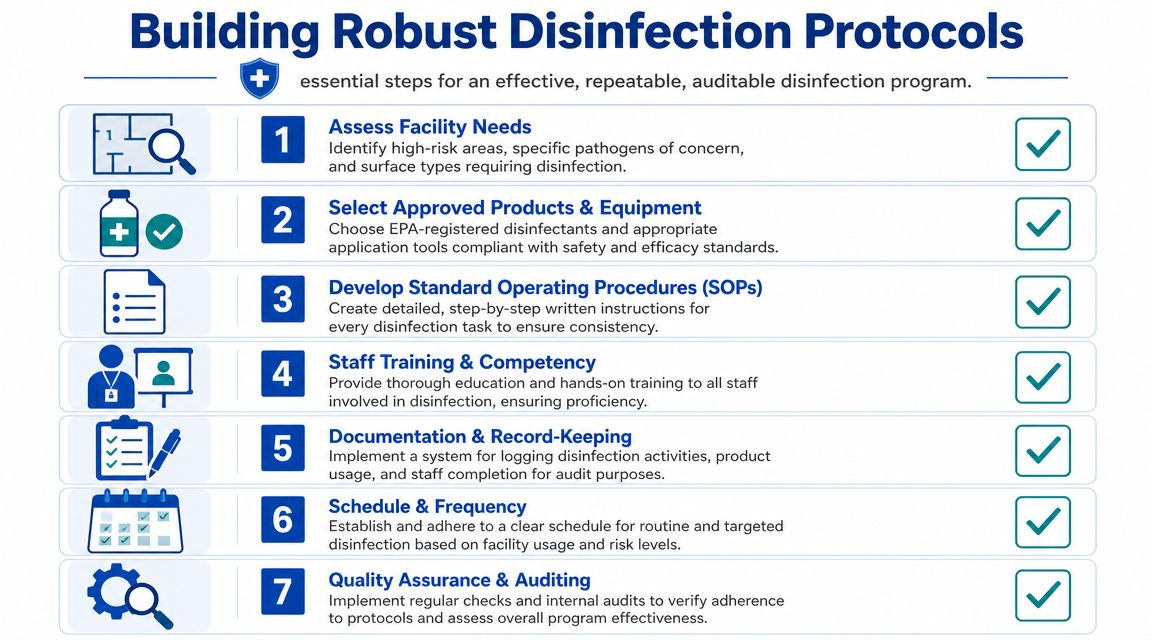 An infographic detailing seven essential steps for building a robust and effective facility disinfection program.