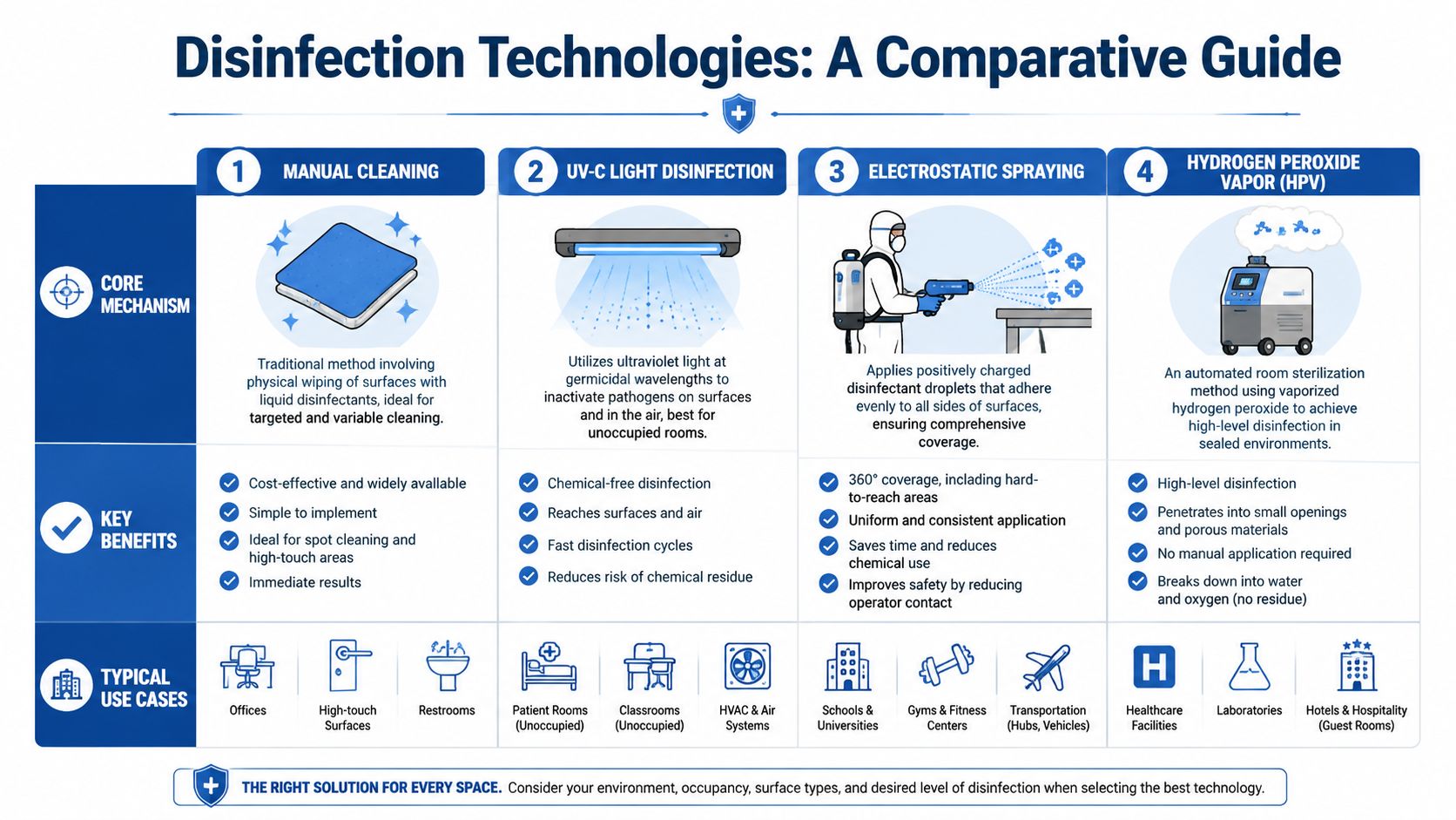 A comparison chart outlining four common disinfection technologies including manual cleaning, UV-C light, electrostatic spraying, and vaporized hydrogen peroxide.