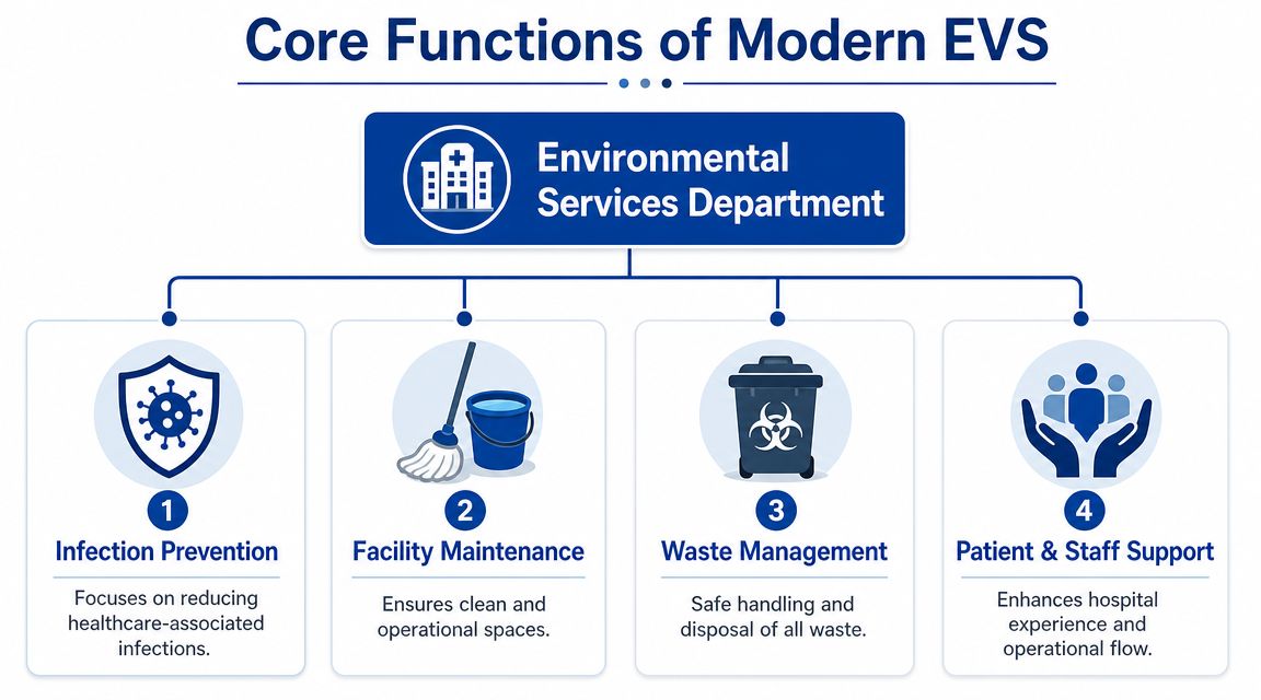 A diagram outlining the four core functions of a modern hospital environmental services department.