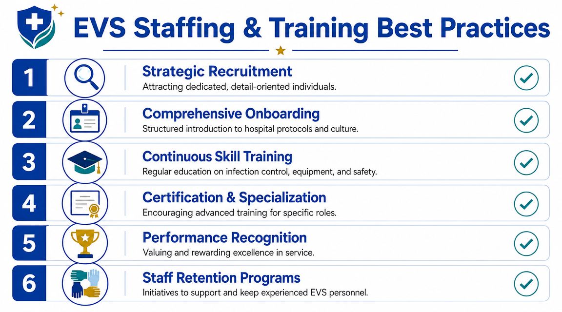A infographic listing six best practices for hospital environmental services staffing and training, featuring numbered icons and descriptions.