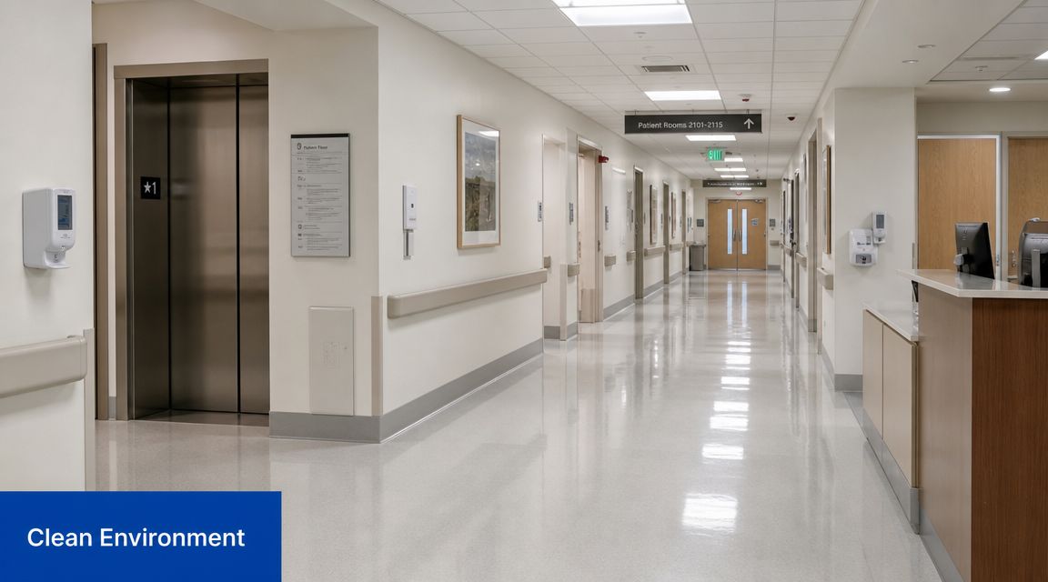 A clean, quiet hospital corridor featuring white walls, shiny tiled floors, and a modern nurse station.