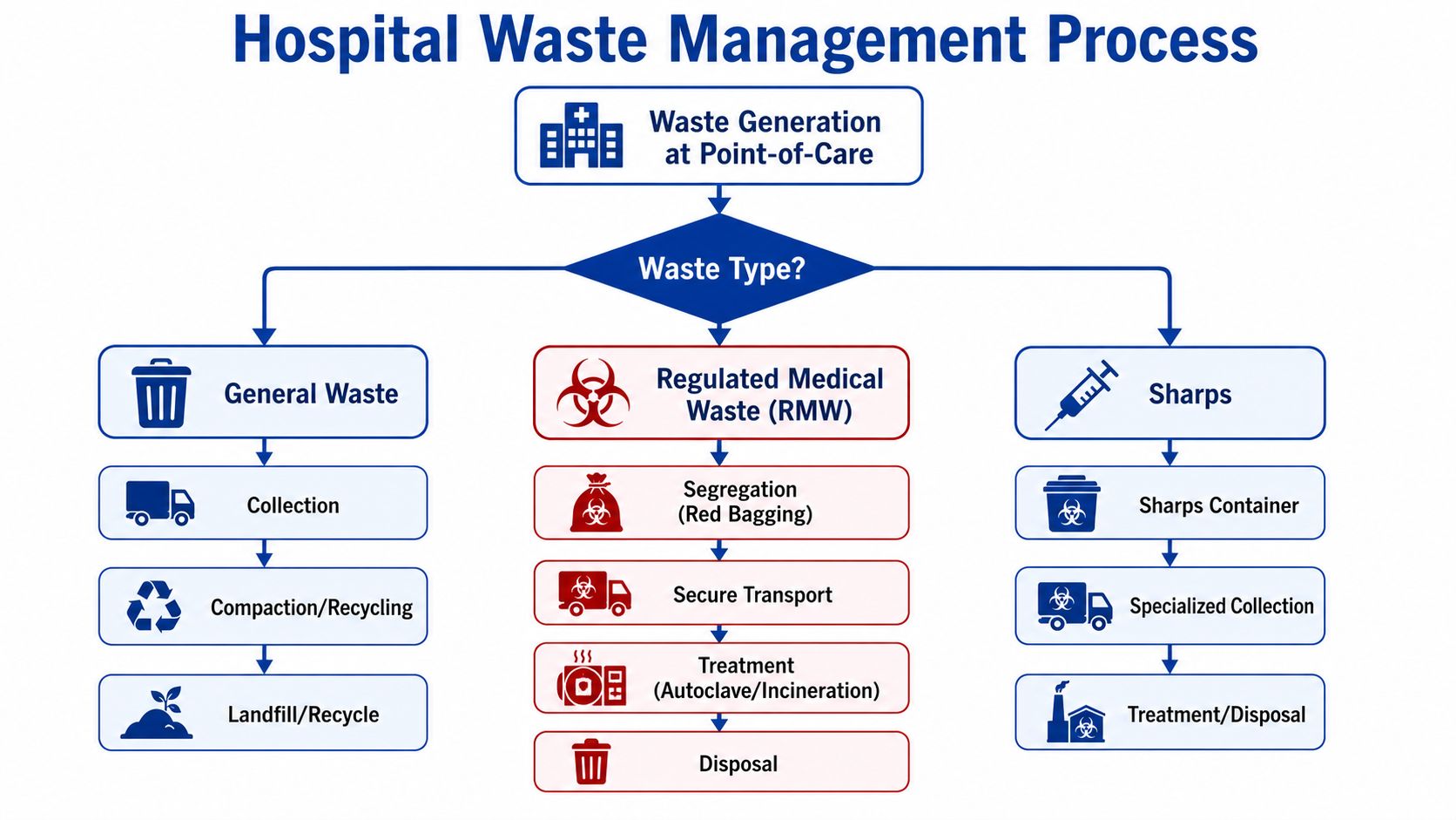 A flowchart detailing the hospital waste management process, categorizing waste into general, regulated medical, and sharps streams.