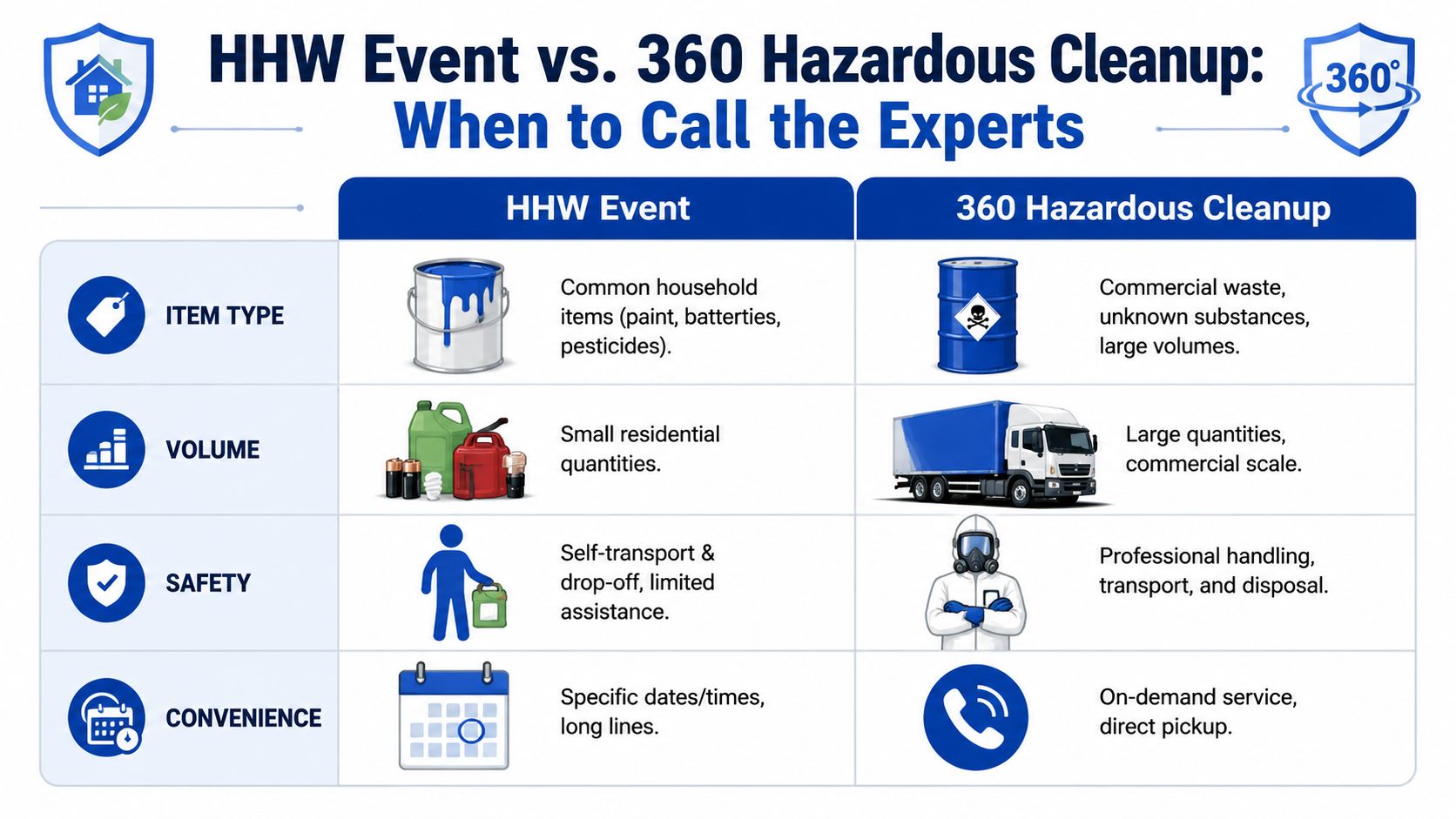 A comparison chart showing differences between community HHW events and professional 360 hazardous cleanup services.