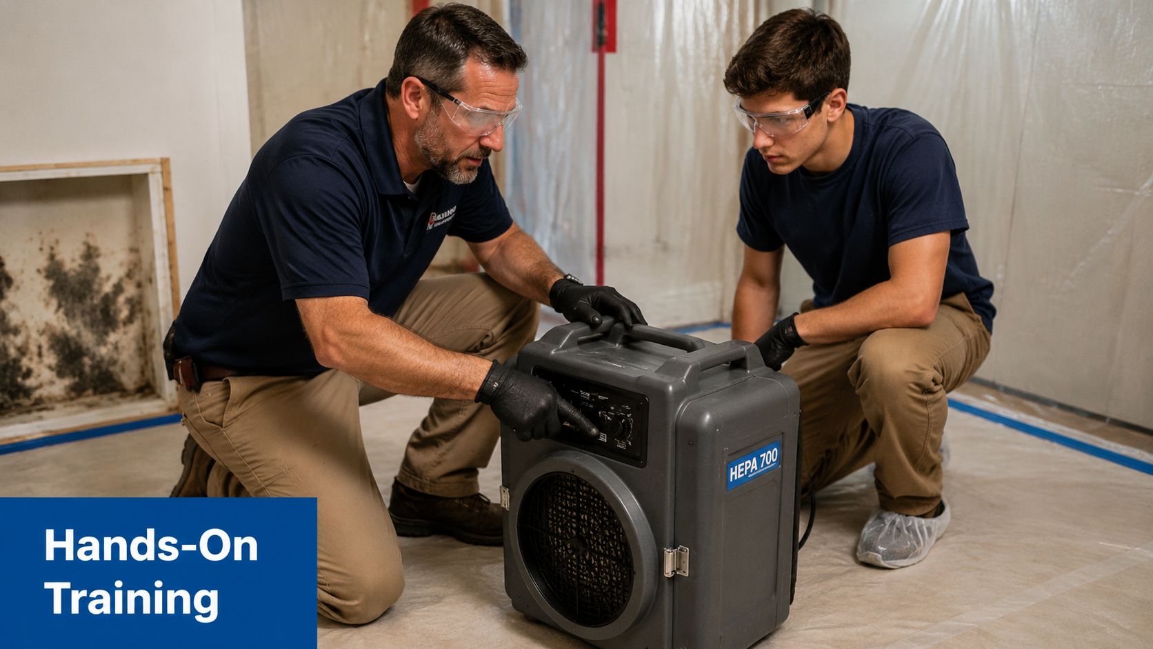 A professional instructor training an apprentice on how to operate mold remediation equipment in a containment zone.