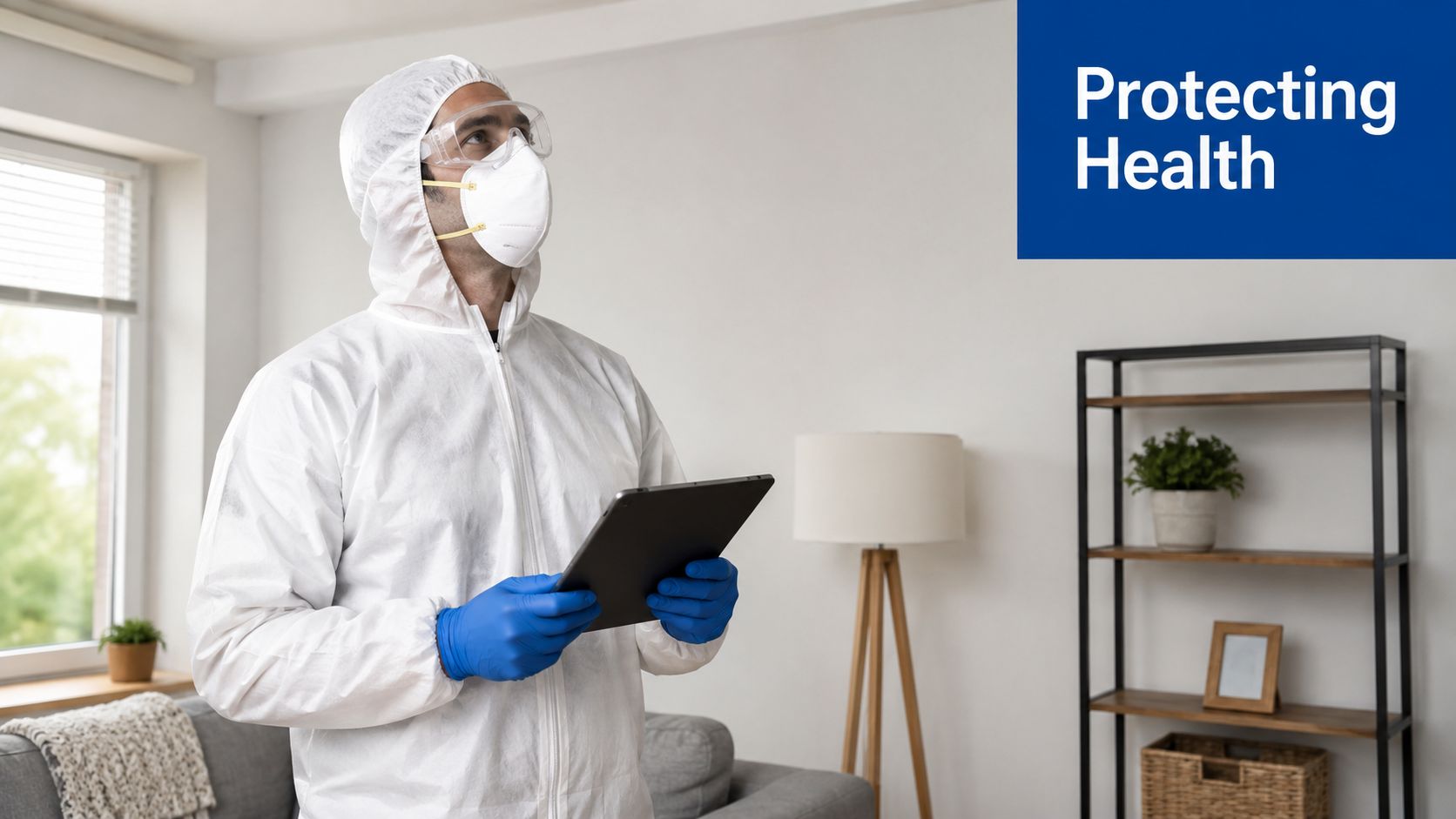 A professional mold remediation specialist wearing protective gear while checking data on a digital tablet indoors.