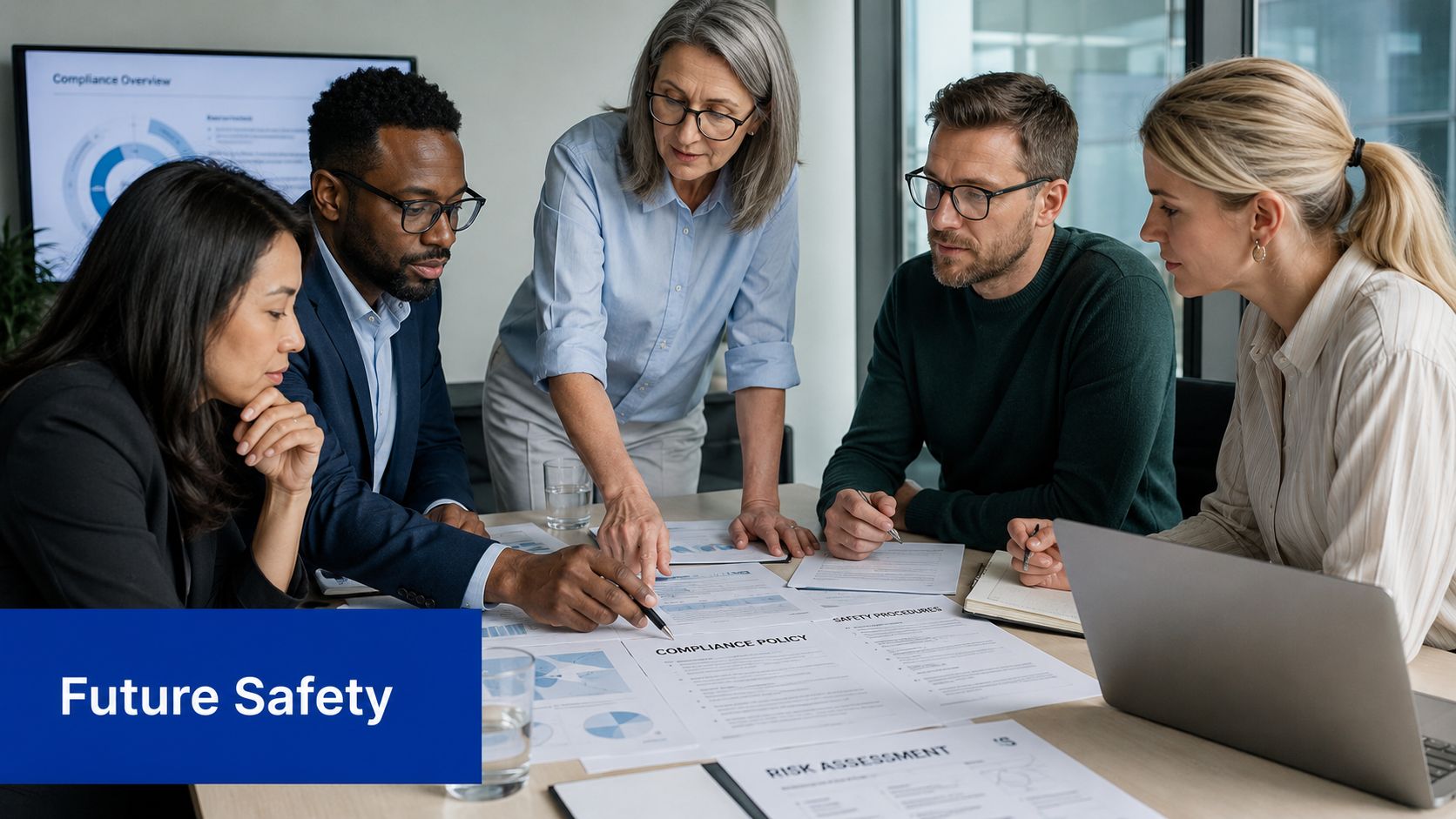 A diverse team of professionals collaboratively analyzing documents and compliance policies during an office meeting.