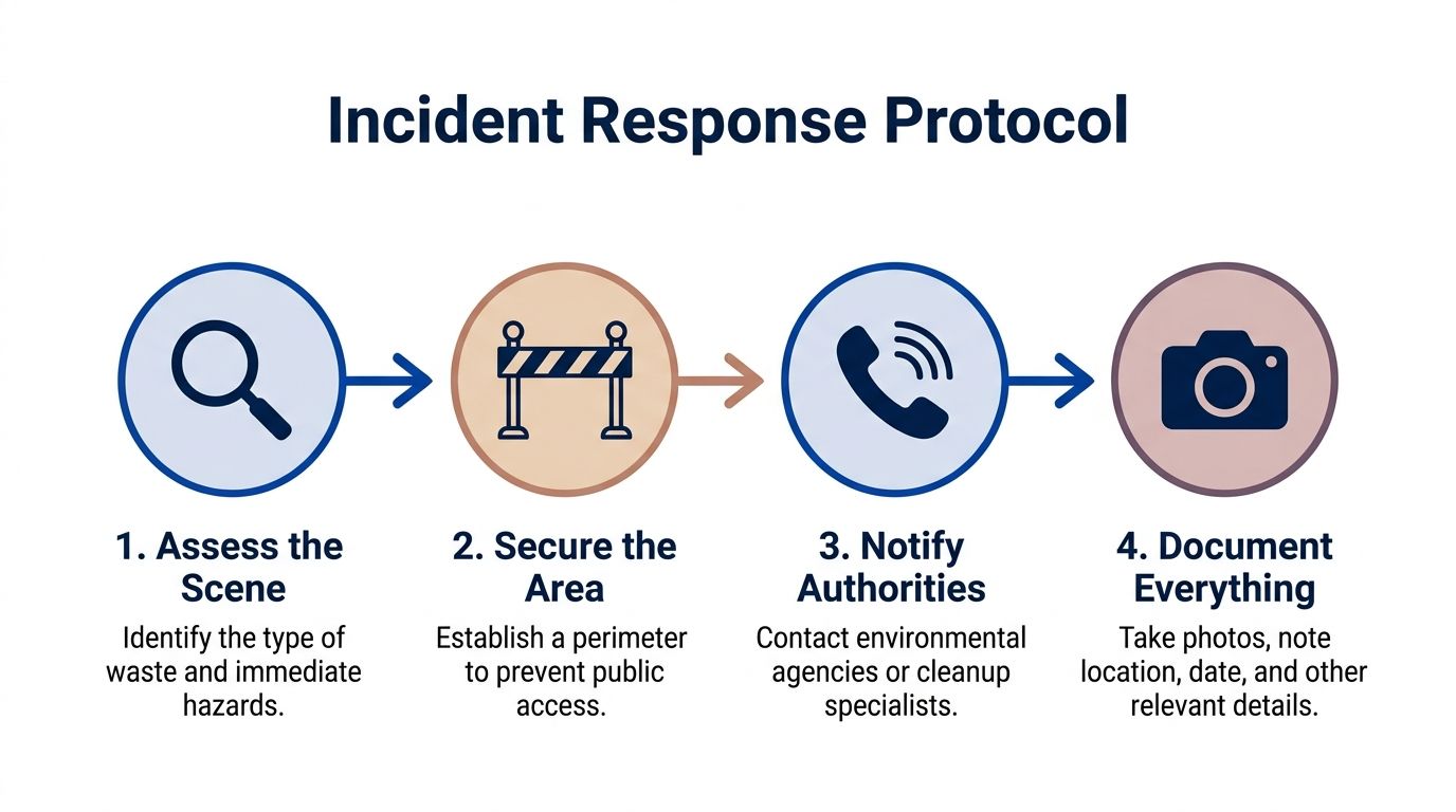 A four-step infographic illustrating the professional protocol for responding to improper waste disposal incidents.