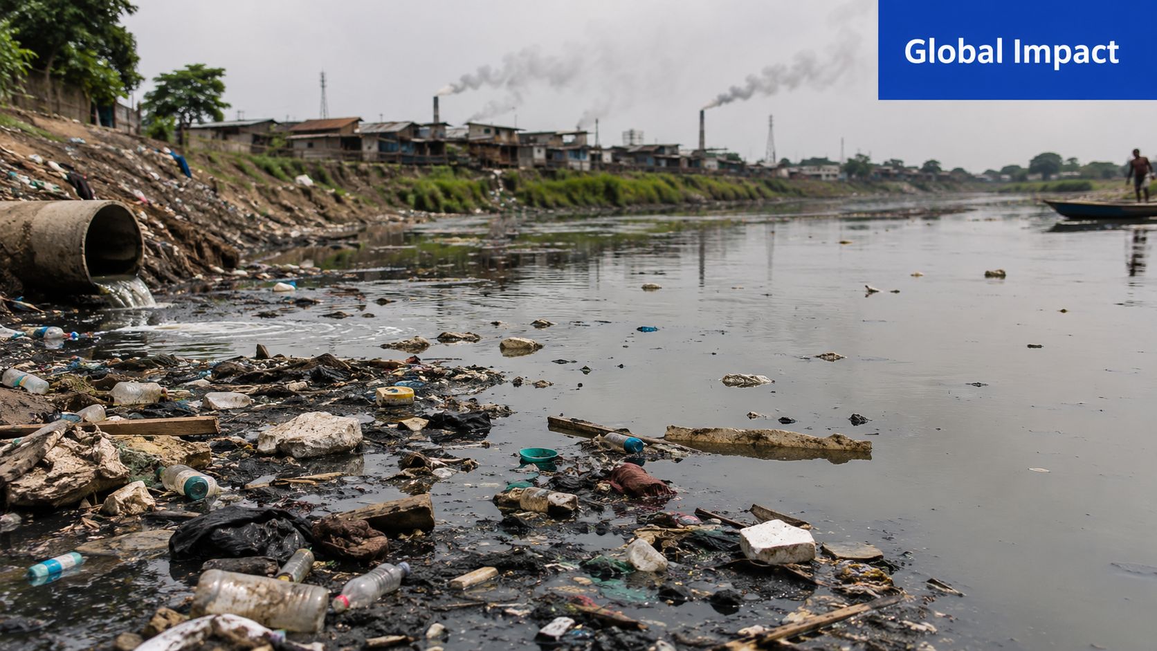 A polluted riverbank filled with plastic trash and waste being drained from a large concrete pipe.