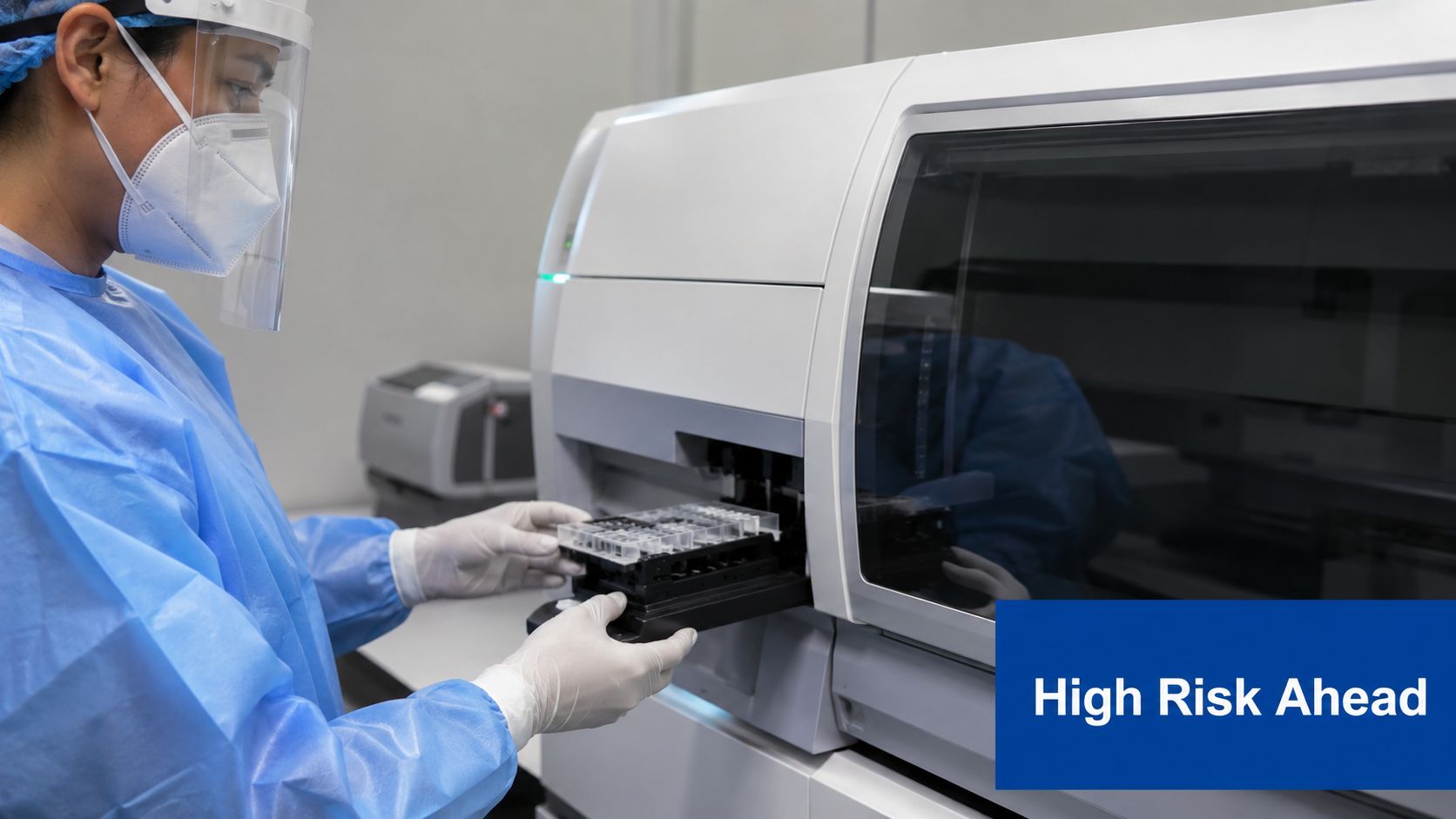 A lab technician in full PPE loads a sample tray into a high-tech medical testing machine.
