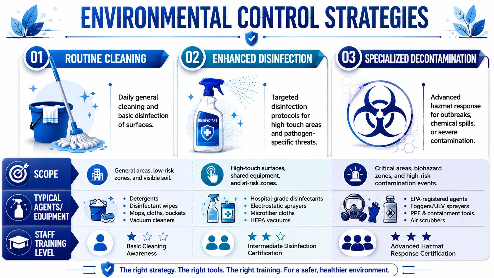 A professional infographic outlining three environmental control strategies: routine cleaning, enhanced disinfection, and specialized decontamination for facility safety.