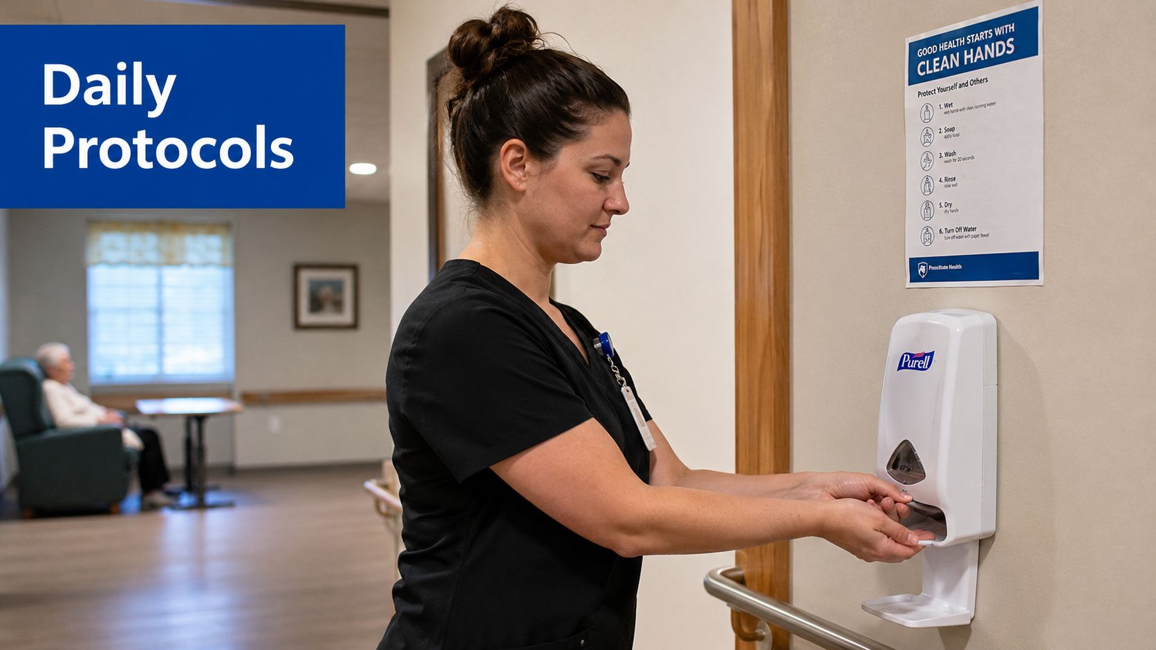 A healthcare worker in scrubs sanitizing her hands at a wall-mounted Purell dispenser in a care facility.
