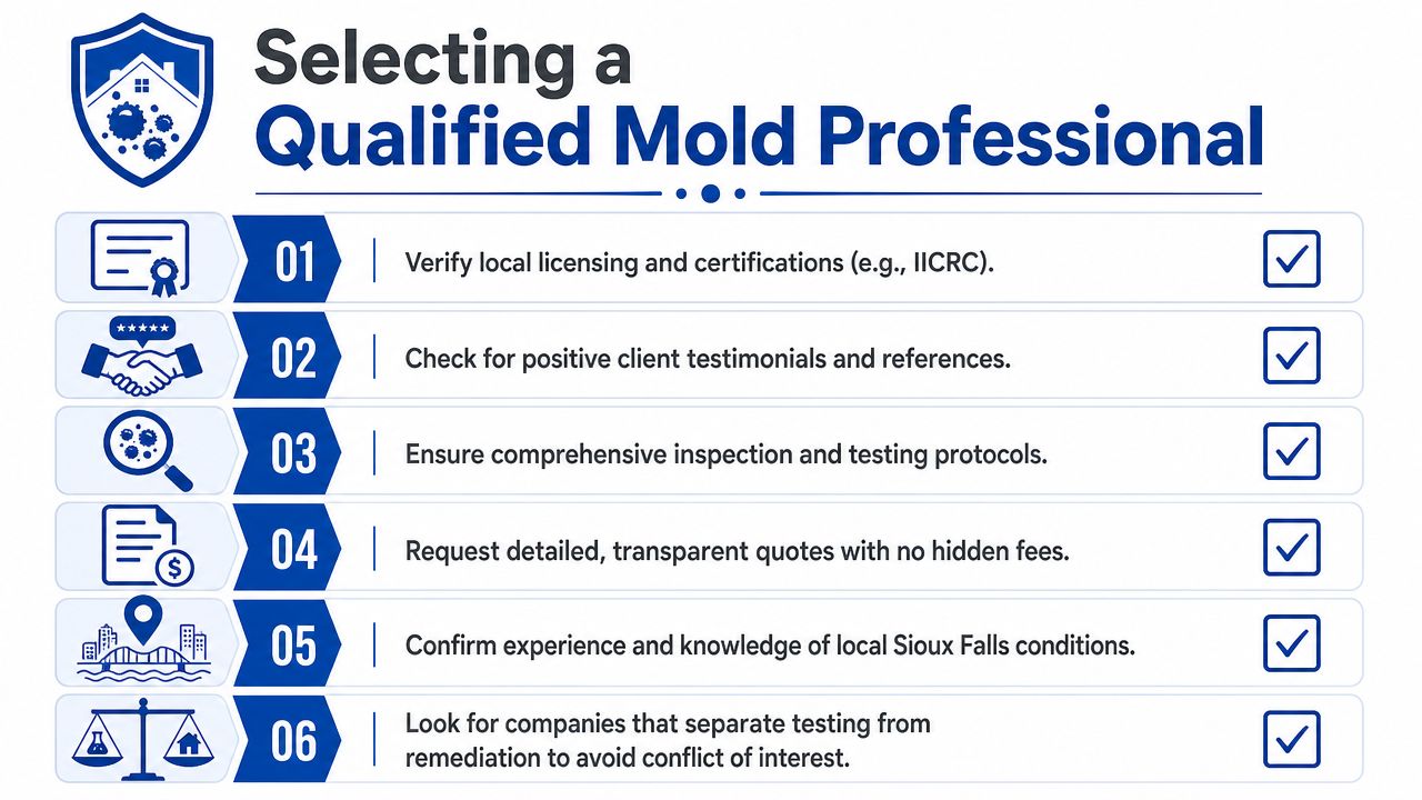 A checklist infographic titled Selecting a Qualified Mold Professional with six steps for homeowners to follow.