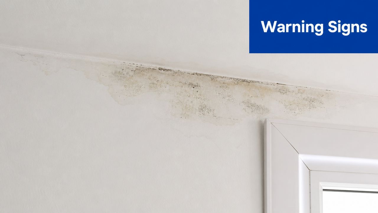 A close-up view of dark water stains and mold growth appearing on a white wall ceiling corner.