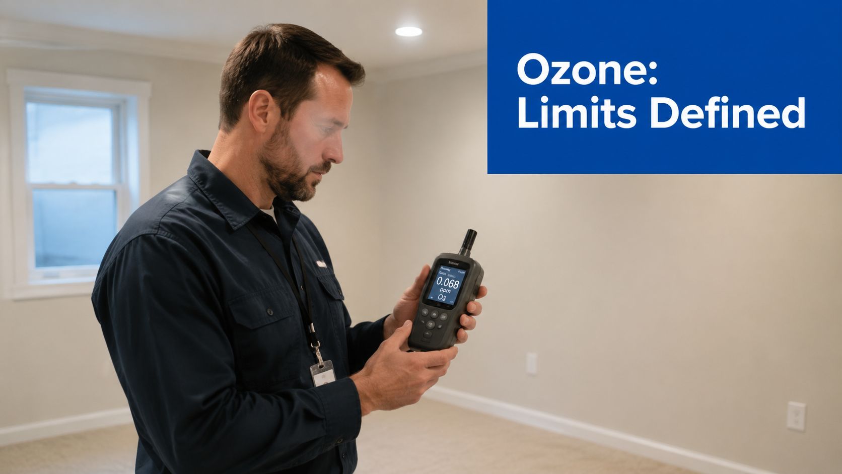 A professional technician checking ozone levels with a handheld detector in a clean residential room.