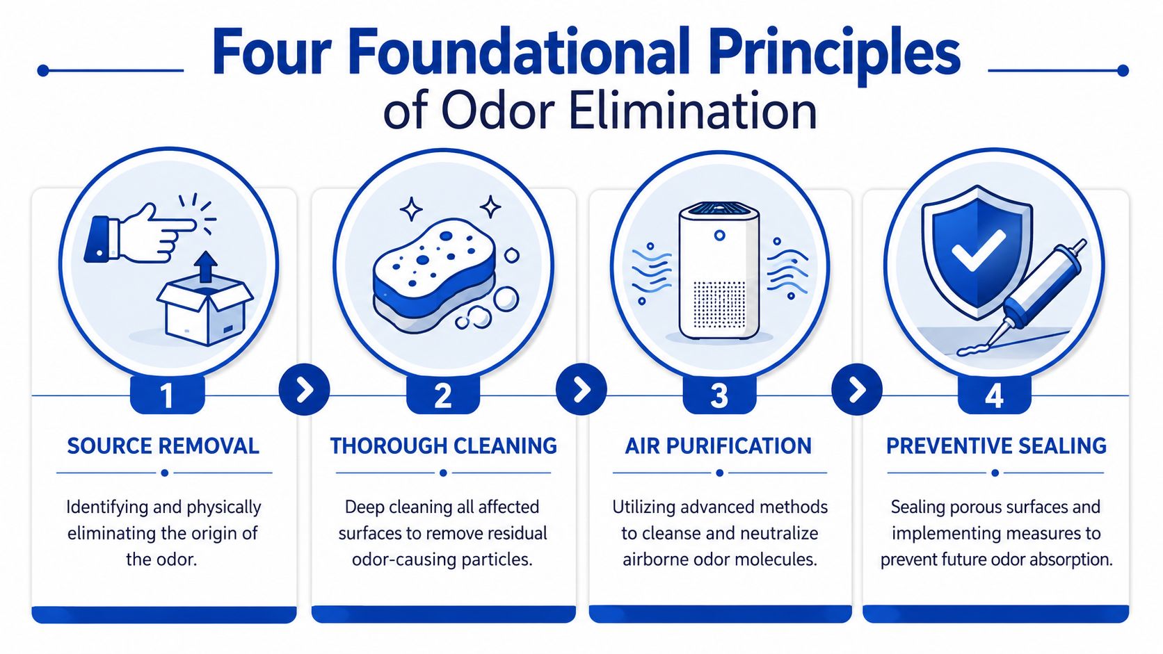 An infographic showing four steps for permanent odor removal including source removal, cleaning, purification, and sealing.