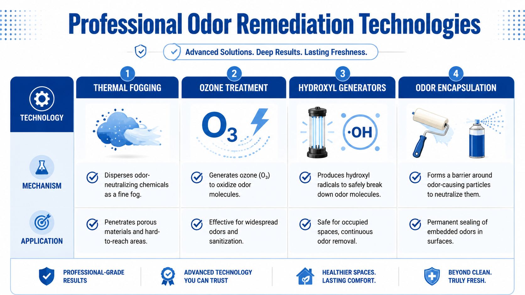 An infographic illustrating four professional odor remediation technologies: thermal fogging, ozone treatment, hydroxyl generators, and odor encapsulation.