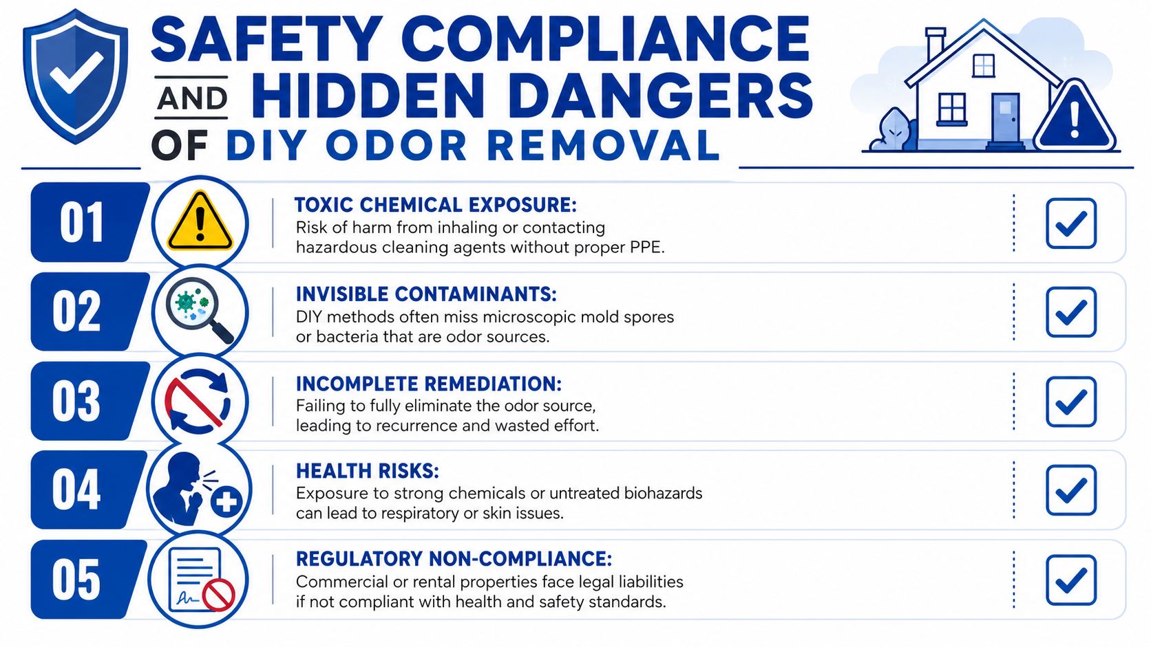 An infographic detailing five safety risks of attempting DIY odor removal, including chemical exposure and health hazards.