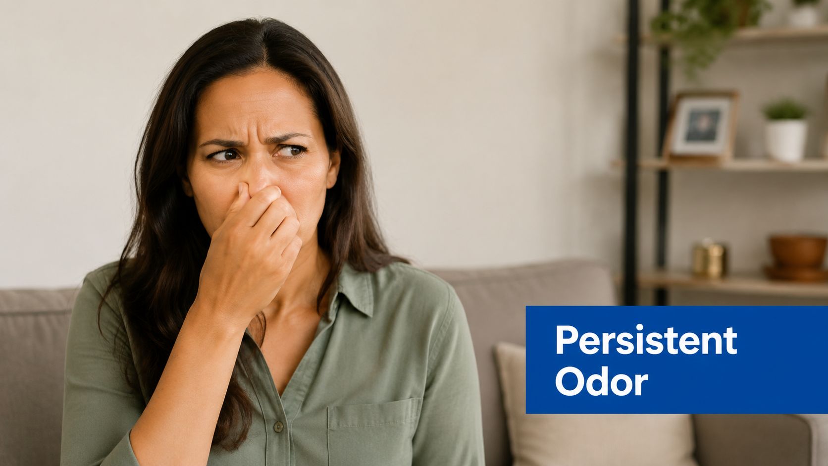 A woman sitting on a couch pinching her nose in reaction to a persistent, unpleasant odor.