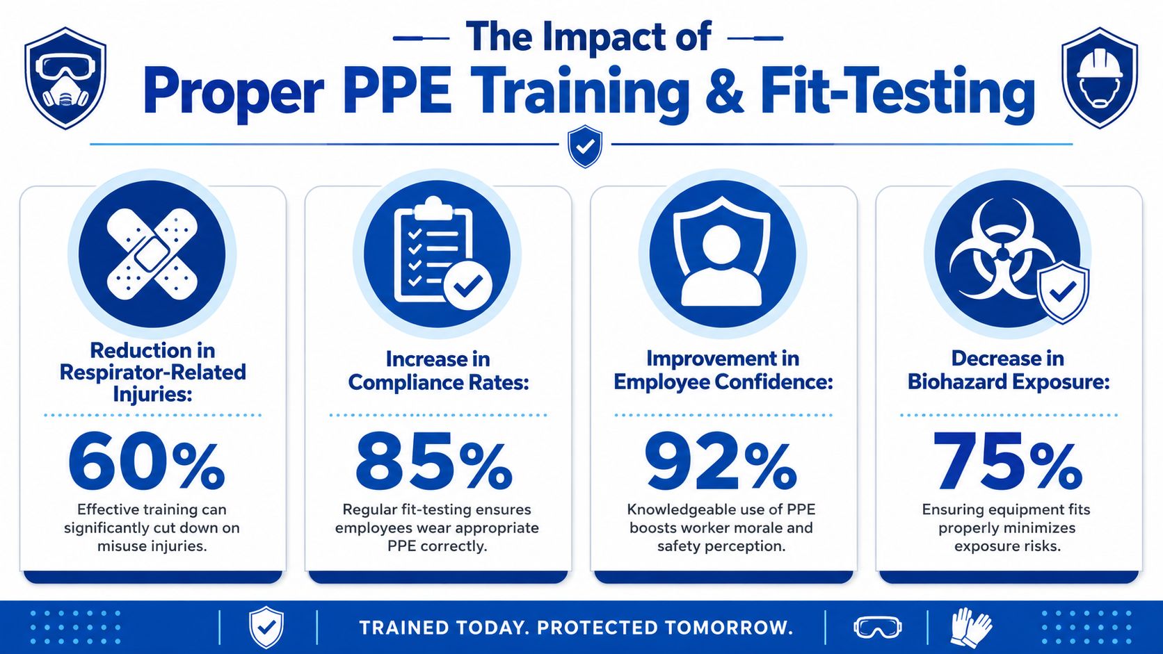 An infographic showing the benefits of proper PPE training and fit-testing with specific percentage reduction statistics.