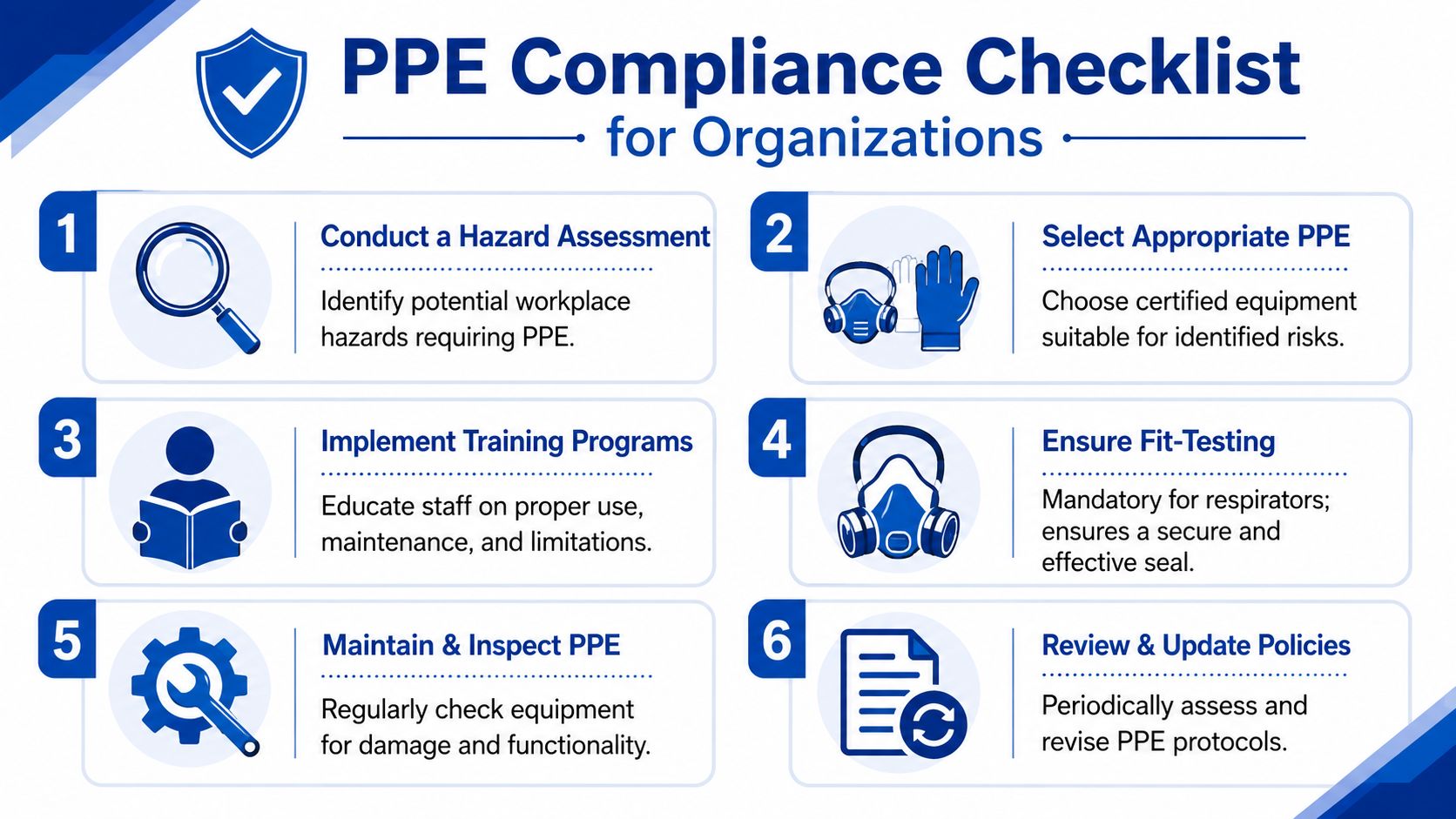 An infographic titled PPE Compliance Checklist for Organizations featuring six essential steps for workplace safety standards.
