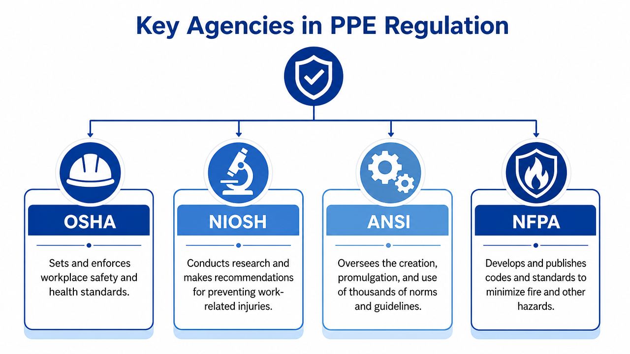A diagram outlining the roles of OSHA, NIOSH, ANSI, and NFPA in regulating personal protective equipment standards.