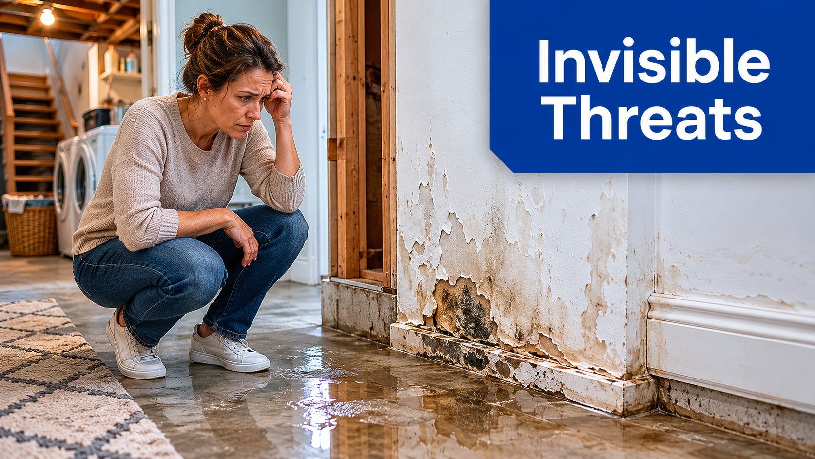 A concerned woman crouching on a flooded floor, examining black mold growth on damaged interior walls.