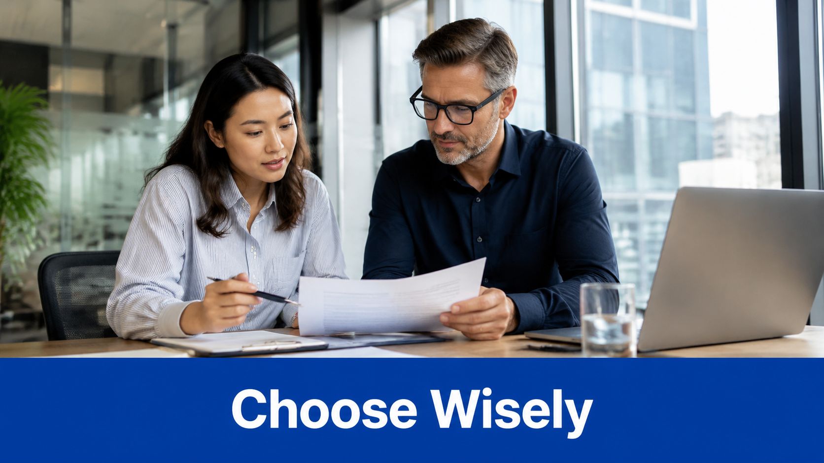 A professional man and woman discussing documents together in a modern office environment.