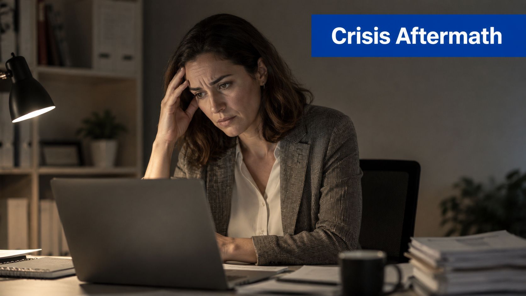 A concerned professional woman sits at her desk working late at night on a laptop computer.