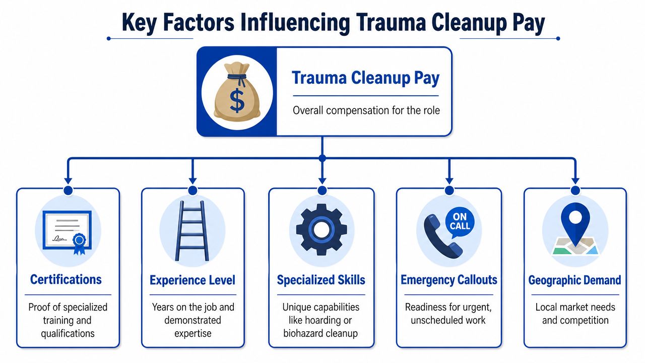 An infographic showing five key factors influencing compensation for professional trauma scene cleanup service workers.