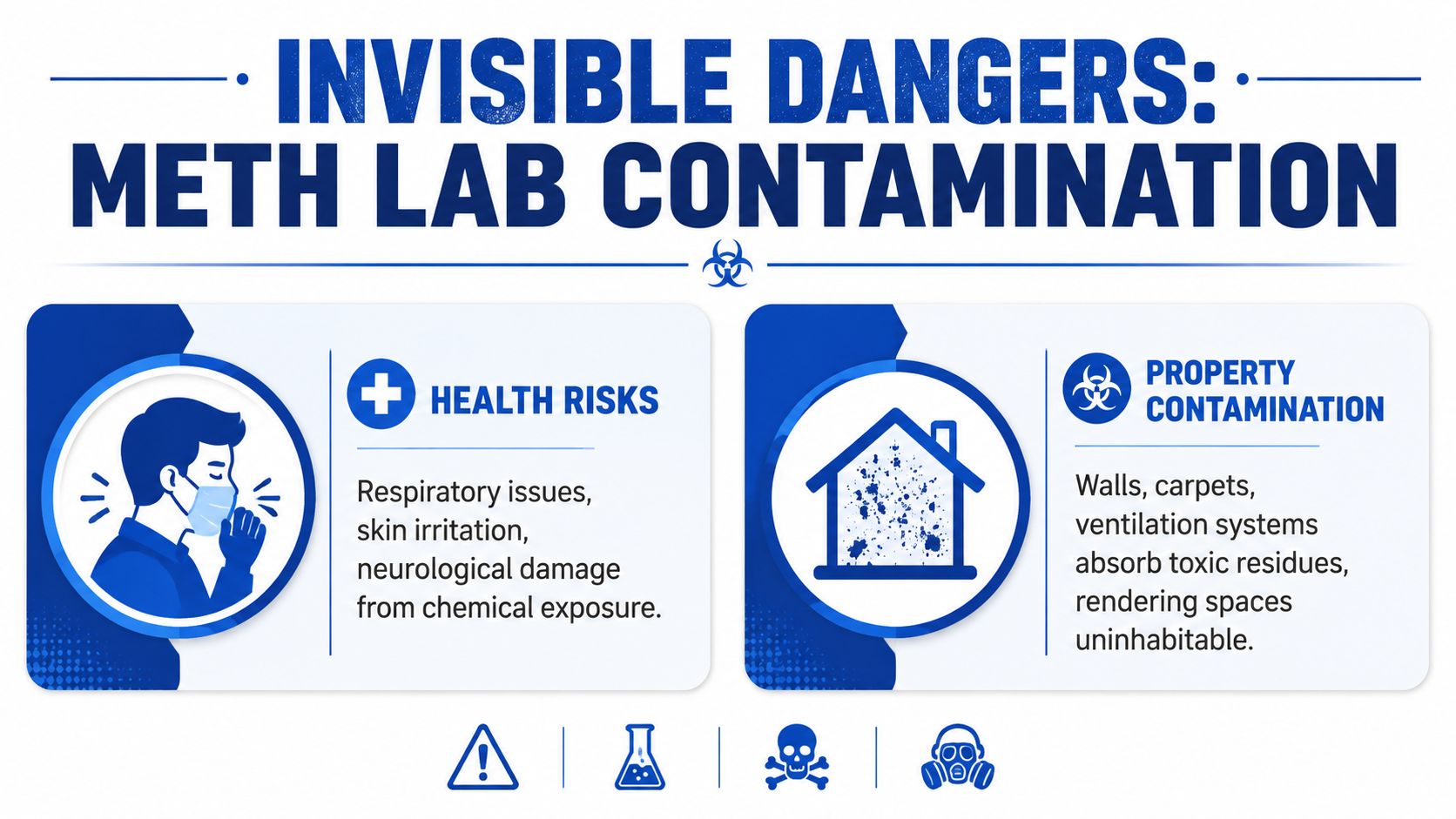 An infographic detailing the health risks and property contamination caused by illegal meth lab chemical residues.