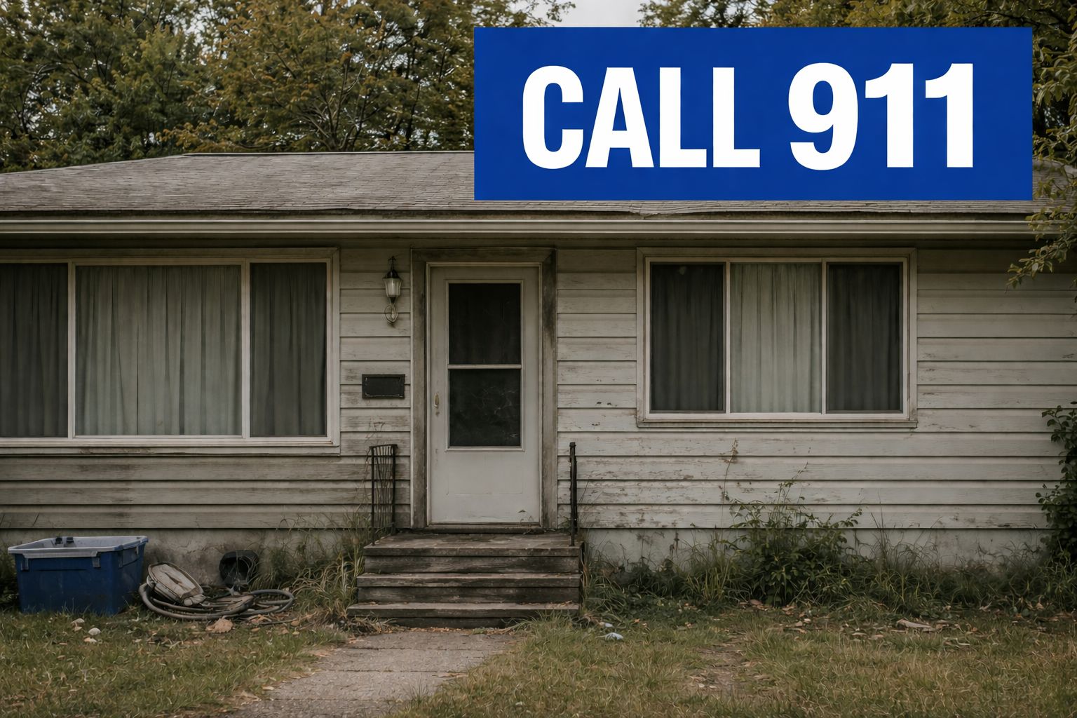A weathered, single-story house with a blue CALL 911 banner overlaid on the front of the home.