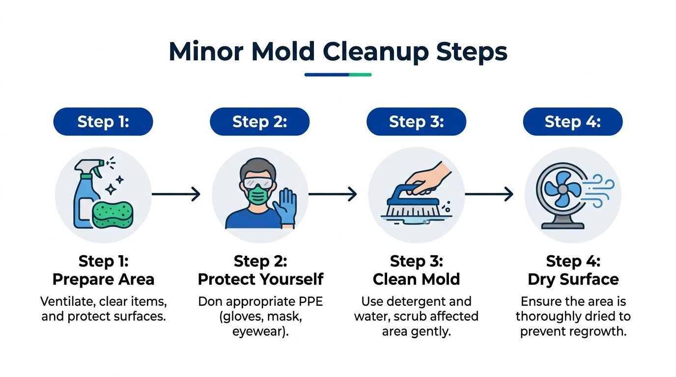 A four-step infographic illustrating how to safely perform minor mold cleanup and prevention in the home.