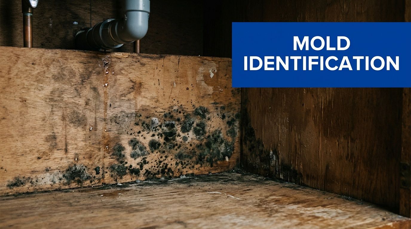 A close-up view of wooden cabinetry under a sink showing visible signs of black mold growth.