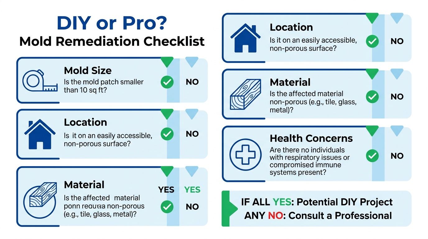 A mold remediation decision checklist graphic illustrating conditions to determine if mold removal is a DIY project.