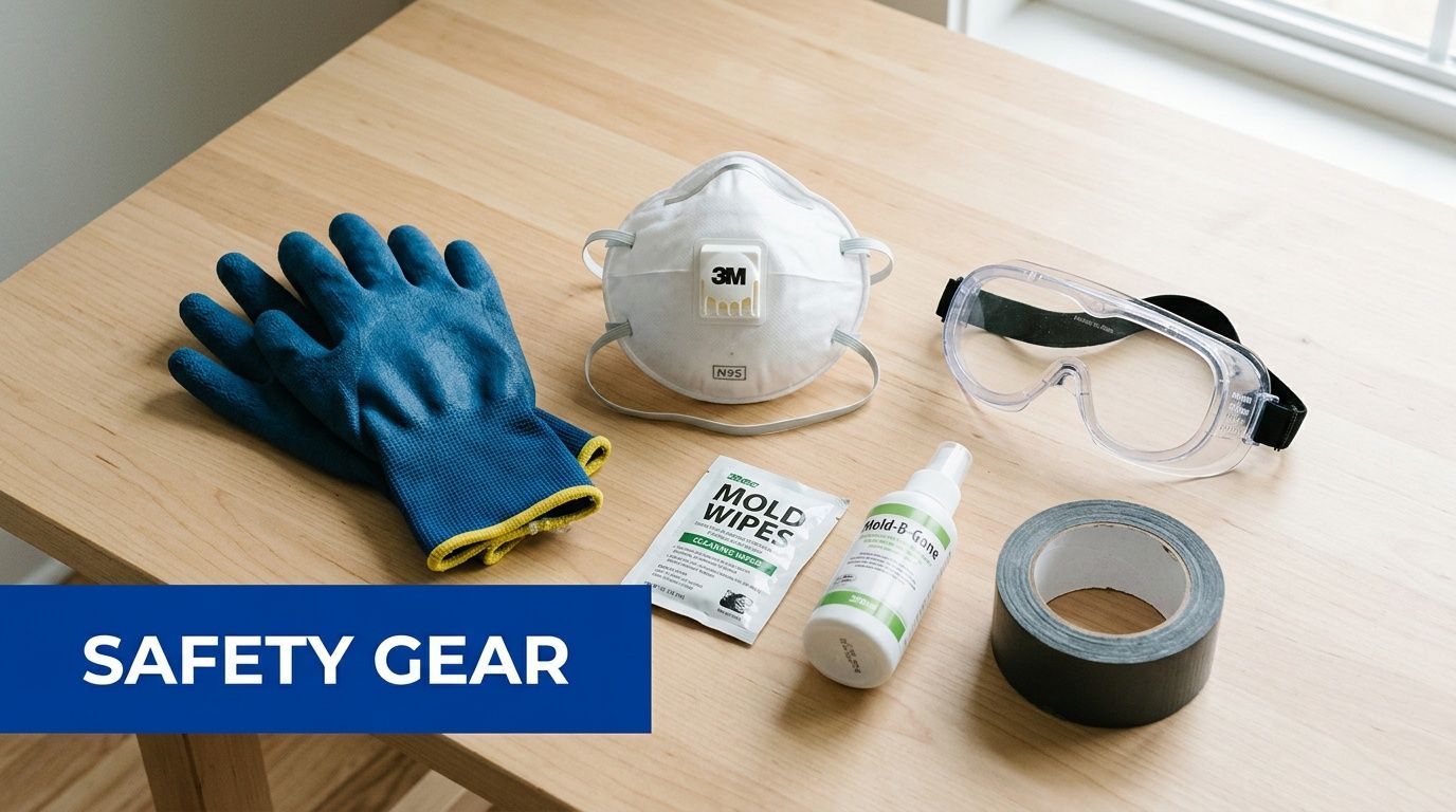 A pair of blue work gloves, N95 respirator mask, safety goggles, mold wipes, spray, and duct tape.