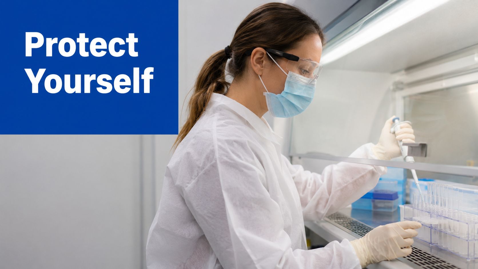 A laboratory scientist wearing personal protective equipment performs research work inside a sterile biosafety cabinet.