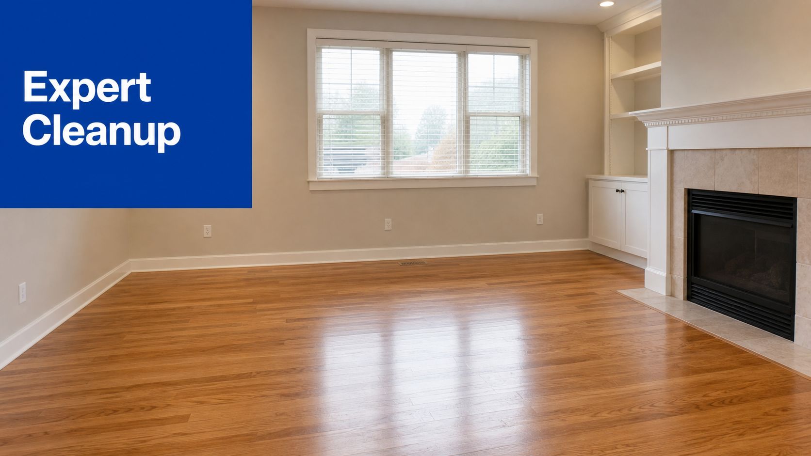 An empty living room with hardwood floors, a large window, and a built-in fireplace and shelving.