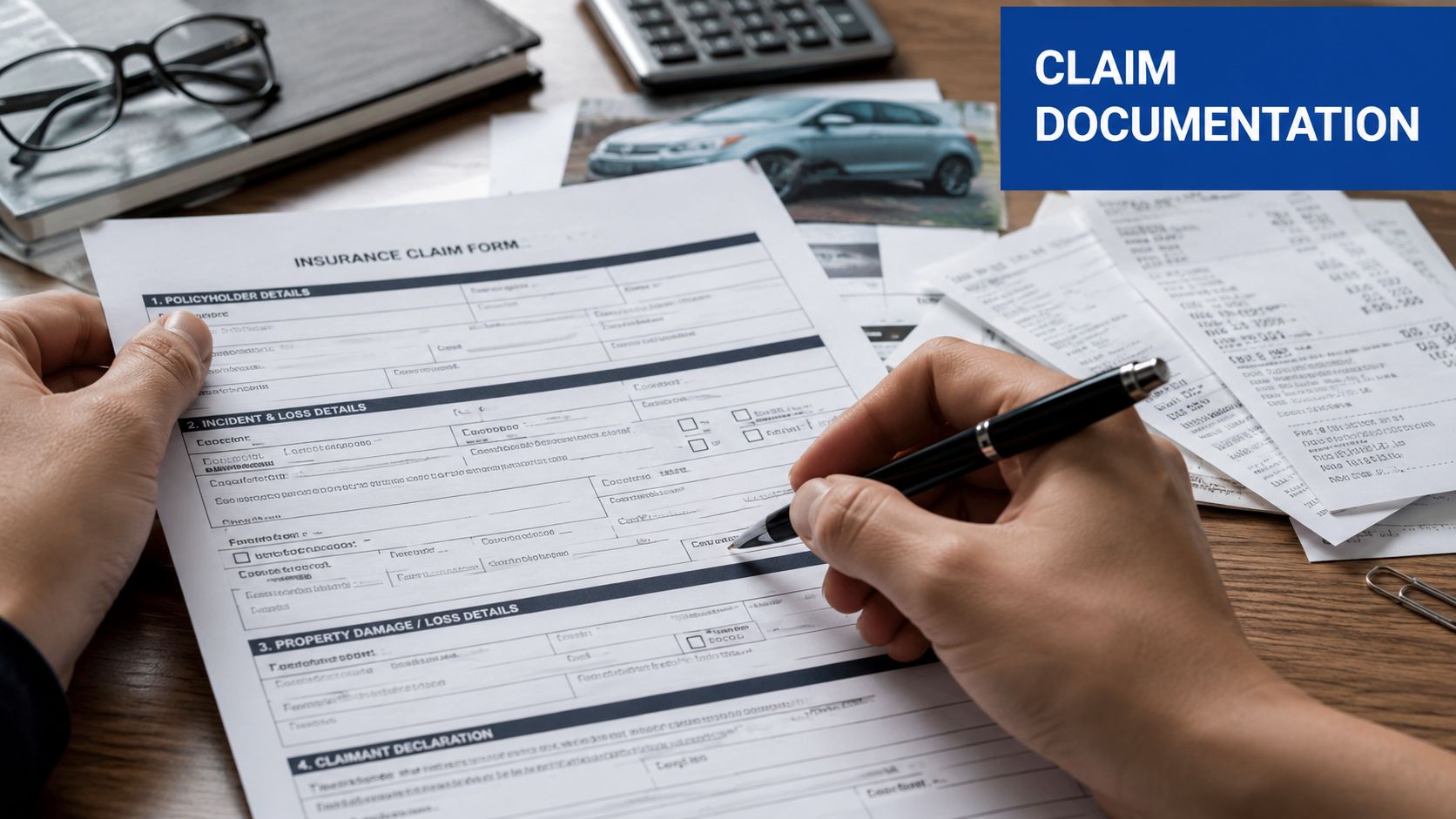 A person filling out an insurance claim form with a pen at a wooden office desk.