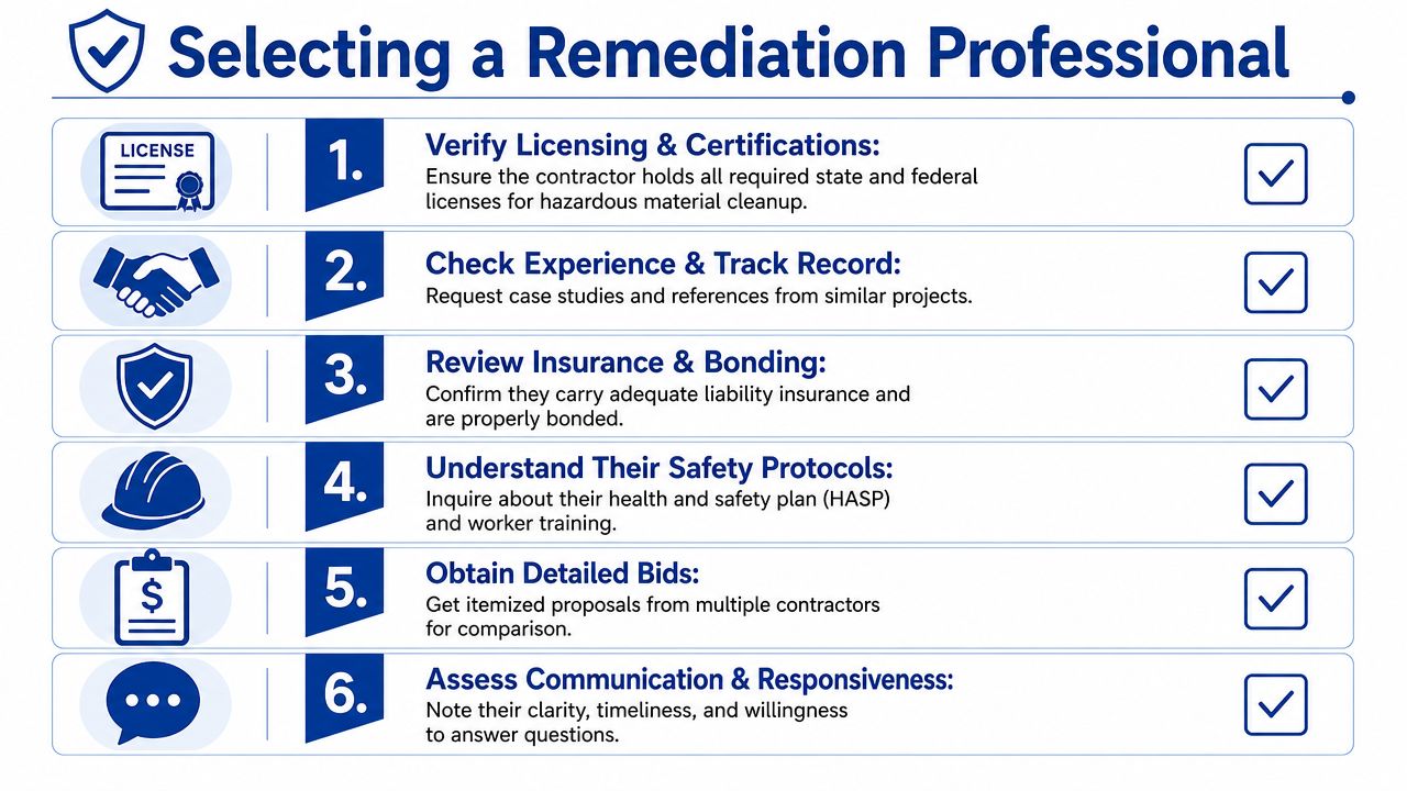 A professional infographic outlining six essential steps for selecting a qualified hazardous material remediation professional contractor.