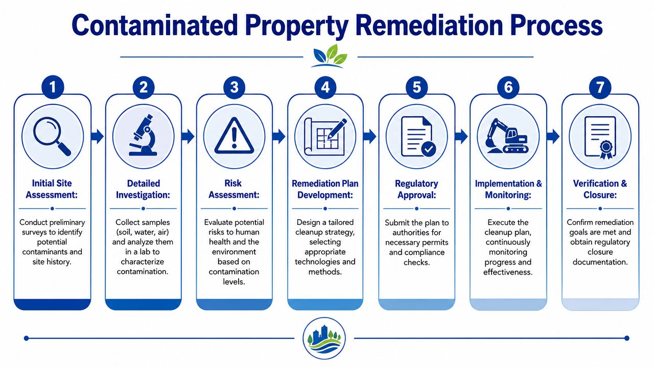 A seven-step flowchart illustrating the professional process for contaminated property remediation from assessment to final closure.