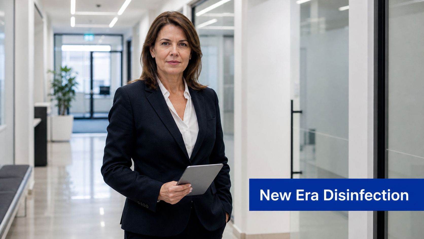A professional woman in a dark blazer holding a tablet in a bright, modern corporate office corridor.